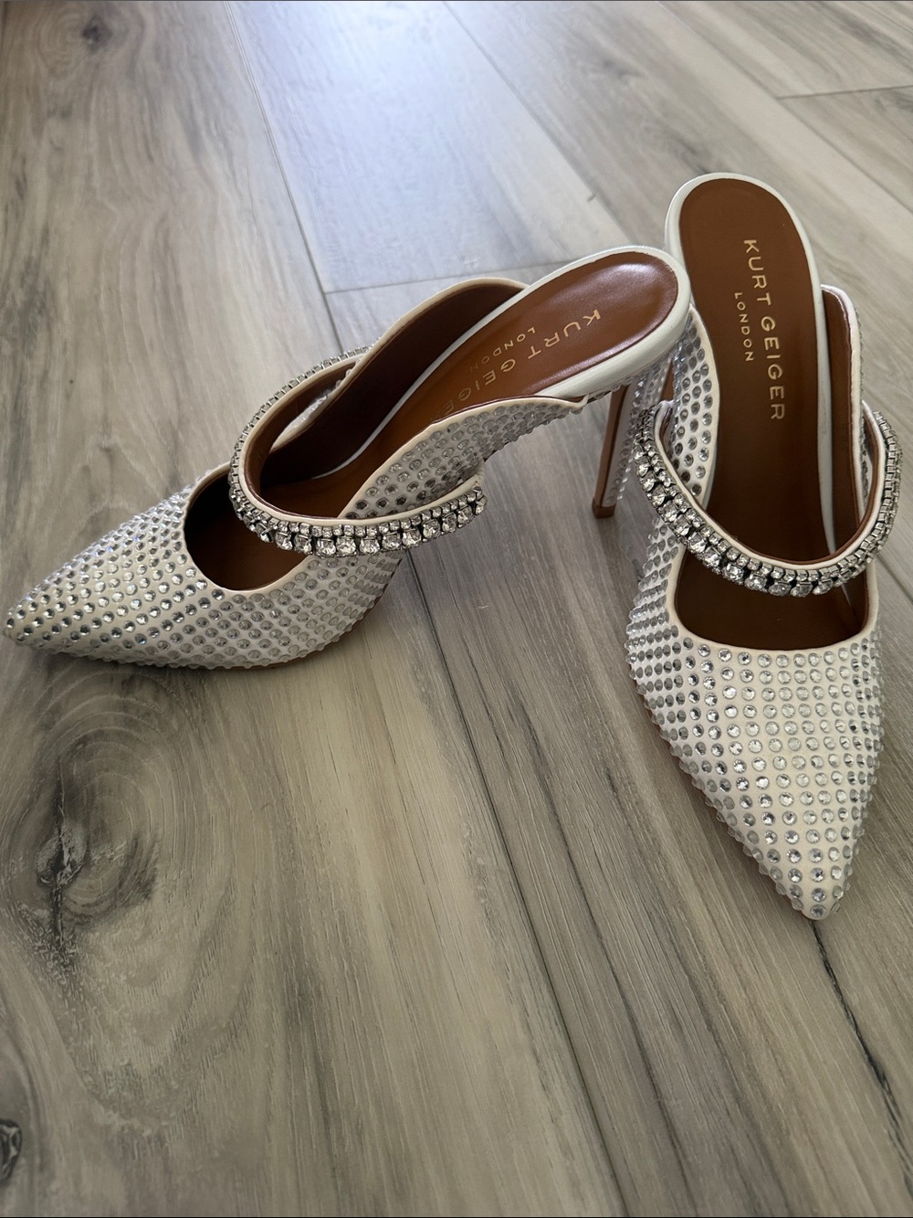Kurt Geiger White Crystal-Studded Pointed Slip-On Mules - Picture 2 of 4